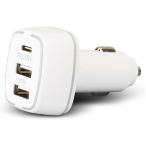 A white car charger with one USB-C port and two USB-A ports, featuring a sleek design and a logo.