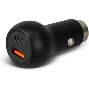 A black USB car charger with one USB-A and one USB-C port, featuring a rounded design and a silver connector.