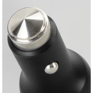 A black car charger with a metallic tip and a small button, featuring a logo on its surface.