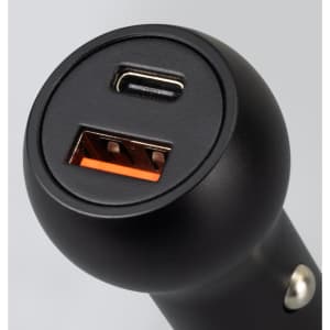 A black USB car charger featuring one USB-A port and one USB-C port. It has a round design and a sleek finish.