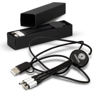 A black braided charging cable with multiple connectors and a round branding disc, presented in a black rectangular box.