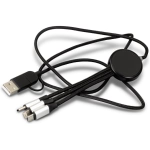 A braided charging cable with a black USB connector and dual charging ends in silver for multiple devices.