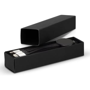 A braided charging cable in black, neatly packed in a black box, with multiple connectors visible.