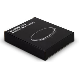 A black packaging box for a Bamboo 15W wireless fast charger featuring an outline of the charger on the front.