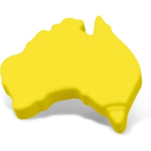 A yellow stress shape designed in the outline of Australia, featuring a smooth, contoured surface.