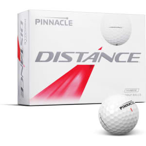 A box of Pinnacle Distance golf balls in white, featuring a logo and a single ball in the foreground.
