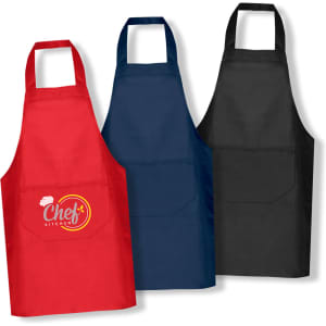 Three aprons in red, navy blue, and black, featuring a logo on the red apron.