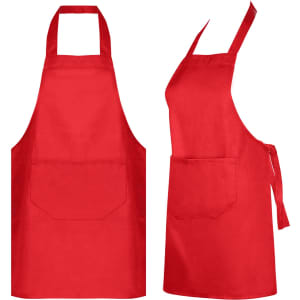 A red Dali Youth Apron featuring a front pocket, designed for workwear, with adjustable neck and waist ties.