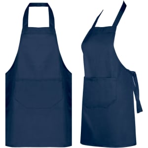 A navy blue Dali Youth Apron featuring a front pocket and adjustable neck strap, with a logo present.