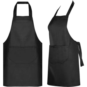 A black apron with a front pocket and adjustable neck straps. It has a simple and sleek design.