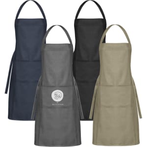 Four aprons in navy, grey, black, and olive green, each featuring a logo on the front.
