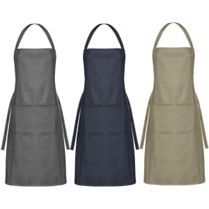 Three Santini aprons in grey, navy blue, and khaki, featuring adjustable neck straps and side ties, with a logo.