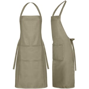 A khaki apron with a pocket and adjustable ties, displayed from both the front and back. It features a logo.