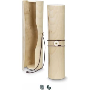 A drink bottle in a cylindrical wooden tube, featuring a strap and a decorative button, showcasing a light wood finish.