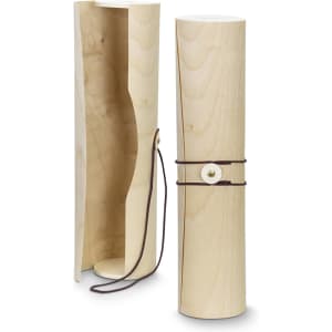 A drink bottle in a natural wood finish, featuring an attached leather strap and an ornate button detail.