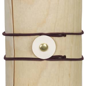 A drink bottle with a natural wood appearance, secured by dark brown straps and a circular fastening.