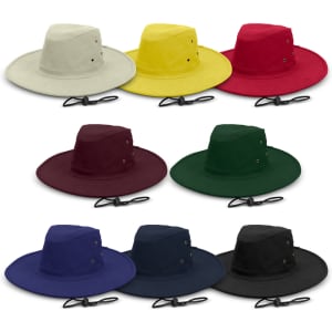 A wide brim hat collection in yellow, red, khaki, dark green, burgundy, navy, and black, featuring eyelets and a strap.