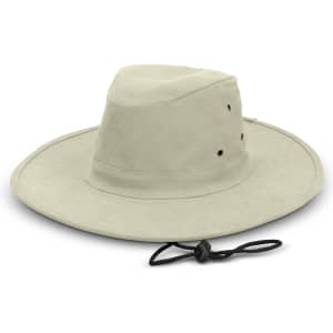 A wide-brimmed hat in light beige, featuring ventilation holes and an adjustable chin strap. It has a logo.