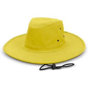 A wide-brim hat in bright yellow with ventilation holes and an adjustable chin strap. It features a logo.