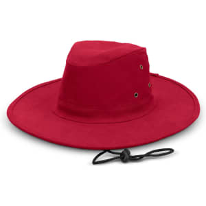 A wide-brimmed hat in red with eyelets and an adjustable chin strap. It has a logo on the side.