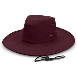 A maroon wide brim hat with a chin strap and metal eyelets, featuring a simple logo on the side.