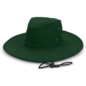 A wide-brim green hat with a chin strap and ventilation eyelets, featuring a logo on the side.
