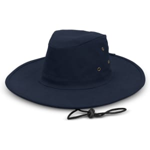 A navy Austral Wide Brim Hat with a drawstring and ventilation holes, featuring a logo.