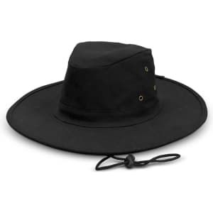 A black wide brim hat featuring ventilation holes and an adjustable chin strap.