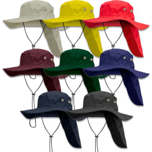 A selection of Legionnaire wide brim hats in grey, yellow, red, green, burgundy, navy, and black, featuring a logo.