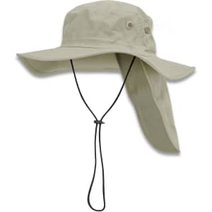 A wide-brim khaki hat with a neck flap and a chin strap, featuring two brass eyelets.