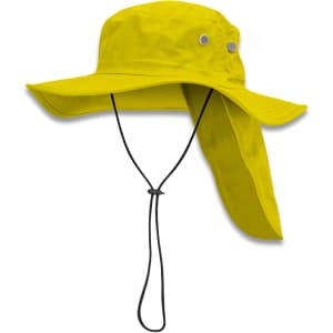 A bright yellow Legionnaire wide brim hat with a neck flap and adjustable chin strap. Includes a logo.