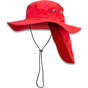 A red Legionnaire wide brim hat with a neck flap and adjustable chin strap, featuring metal snaps on the sides.
