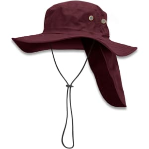 A maroon Legionnaire wide brim hat with side snaps and a neck flap, featuring a drawstring for adjustment.
