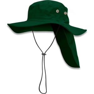 A dark green Legionnaire wide brim hat with a long neck flap and adjustable chin strap. Features ventilation holes.