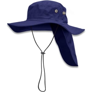 A navy Legionnaire wide brim hat with side vents and a neck flap, featuring a chin strap for secure wear.
