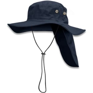 A wide-brimmed navy hat with a neck flap and drawstring, featuring decorative metal buttons and a logo.