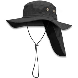 A wide-brim black hat featuring side buttons and a neck flap, designed for sun protection, with a drawstring.