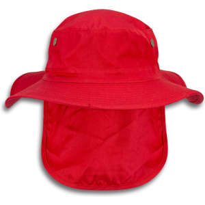 A red Legionnaire wide brim hat featuring a large brim and a protective neck flap. It has a logo on it.