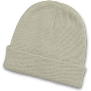 A light green beanie with a folded cuff and a textured knit design. It features a brand logo.
