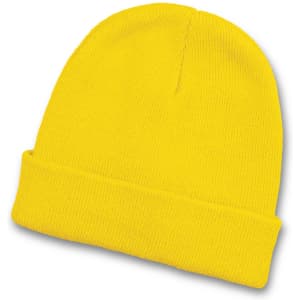 A bright yellow beanie with a folded cuff, featuring a logo.