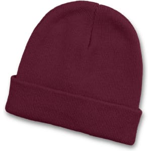 A maroon beanie with a cuffed design, featuring a logo on the side.