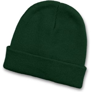 A dark green beanie with a cuffed design, featuring a textured knit pattern and a small logo.