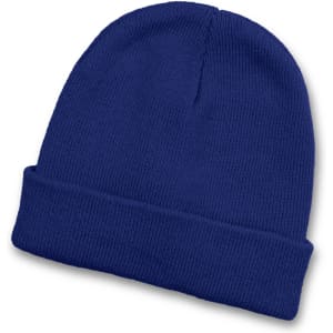 A blue knitted beanie with a folded cuff and a plain design, featuring a logo on one side.