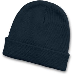 A dark navy beanie with a rolled cuff and textured knit pattern. It features a logo on the side.