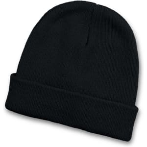 A black knit beanie with a folded cuff and a logo.