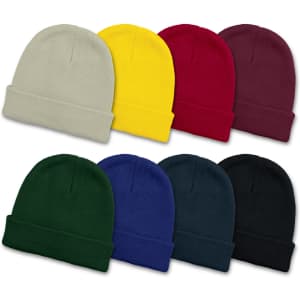 A collection of eight beanies in various colours: beige, yellow, red, burgundy, green, blue, dark green, and black. Each beanie has a rolled cuff.