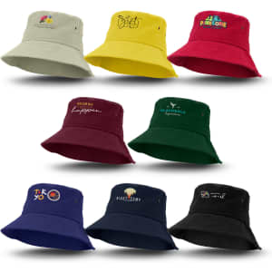 A collection of eight bucket hats in various colours, featuring different designs and a logo on each hat.