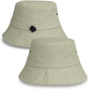 A light khaki bucket hat with a wide brim and a logo on the side. Features ventilation holes for breathability.