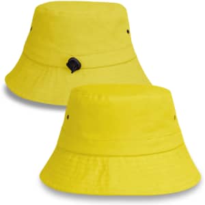 A bright yellow bucket hat with a logo, featuring a wide brim and smooth fabric.