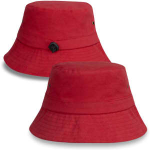 A red Explore Bucket Hat displayed from two angles, featuring a logo and a wide brim.